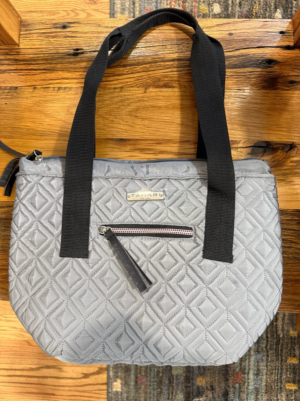 Tahari Quilted Light Gray Insulated Tote with Black Webbed Straps